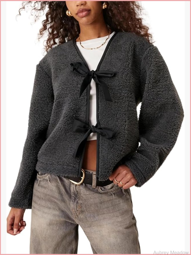 Bow Tie Front Sherpa Cardigan Fleece Jacket Long Sleeve With Pockets
